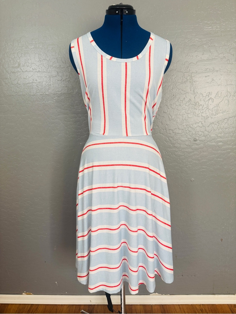 LuLaRoe Light Blue Dress with Red & White Stripes